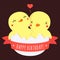 Cute twins baby ducks in egg vector happy birthday card and background with heart and red ribbon