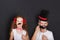 Cute twins kids hold carnival mustache and beard, father day con