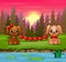 Cute two dogs bite heart on the forest background