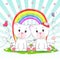 Cute two lovely cats sit on the background of the rainbow.