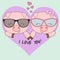 Cute two pigs, a boy and a girl in glasses isolated on a blue background with a pink heart.