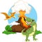 Cute tyrannosaurus and pterodactyl cartoon with volcano background