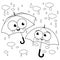 Cute umbrella characters in the rain. Autumn rainy weather sky with cartoon umbrellas. Vector black and white coloring page