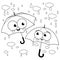 Cute umbrella characters in the rain. Vector black and white coloring page