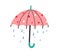 Cute umbrella with falling rain drops in doodle style. Kids colored flat vector illustration with raindrops isolated on