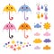 Cute umbrellas raindrops flowers clouds design elements set