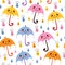 Cute umbrellas raindrops seamless vector rain pattern