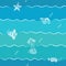 cute underwater animals, starfish, batfish, conch, squid with waves and blue marine background.