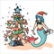 Cute underwater mermaid christmas card cartoon vector illustration motif set. Hand drawn isolated santa hat elements
