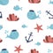 Cute underwater seamless pattern Sea animals whale, fish, anchor coral. Cute nautical background vector