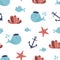 Cute underwater seamless pattern Sea animals whale, fish, anchor coral. Sea life background Kids fabric textile design endless