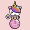 Cute unicorn animal cartoon character is sitting on the moon holding a donut