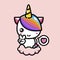 Cute unicorn animal cartoon character is standing on the clouds with peaceful hands