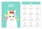 Cute unicorn animal. Red bow. Simple pocket calendar layout 2019 new year. Week starts Sunday. Cartoon character. Vertical