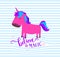 Cute unicorn. Believe in magic typography concept. Striped background