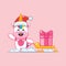 Cute unicorn carrying christmas gift box