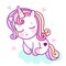 Cute Unicorn cartoon on cloud, Kawaii vector pony child horse horn: Series Girly doodles Fairytale animal.