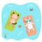 Cute unicorn and cat on floating mattresses
