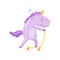 Cute unicorn character riding kick scooter, funny magical animal cartoon vector Illustration