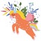 Cute unicorn with colorful the tail, flowers and leaves. Fantastic Unicorn in flat style. Fairy horse can be used as