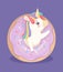 Cute unicorn with donut. Sweet poster, bakery and fantasy animal. Cute cartoon pony and cake with color glaze vector