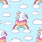 Cute unicorn on donut swimming ring seamless pattern. Magic unicorn drinking a cocktail on rainbow . Cartoon flat style