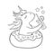 Cute unicorn on donut swimming ring. Summer time. Magic unicorn drinking a cocktail . Cartoon style illustration