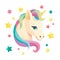 Cute unicorn face in flat style with sweet girlish elements. Ice cream, lipstick, cupcake, lips, heart, crystal