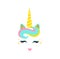 Cute unicorn face with horn. Unicorn head.Card design.Gold glitter ears element.Cartoon long eyelashes heart lips