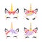 Cute unicorn face vector. Set for Valentines Day. Funny faces with heart, hair bow