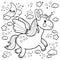 Cute unicorn flying in the night sky. Vector black and white coloring page.