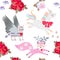 Cute unicorn, funny horned fox and winged cat, bouquets of red rose flowes and little birds isolated on white background.