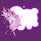 Cute unicorn and girl, stars and frame In the form of a cloud on a purple background. cute magic unicorn and girl.