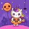 Cute unicorn Halloween cartoon wear pumpkin fancy dress holding ghost balloon