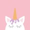 Cute unicorn head face. Ice cream hair. Wafer cone horn. Flat lay design. Pastel color. Cute cartoon kawaii baby character. Funny