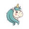 Cute unicorn head, portrait. Unicorn isolated vector icon. Fantasy horse sticker, patch badge.