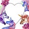 Cute unicorn horse. Fairytale children sweet dream. Watercolor background. Frame border ornament heart.