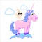 Cute unicorn isolated set, magic pegasus flying with wing and horn