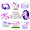 Cute unicorn isolated set, magic pegasus flying with wing and horn on rainbow, fantasy horse vector illustration, myth