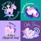 Cute unicorn isolated set, magic pegasus flying with wing and horn on rainbow, fantasy horse vector illustration, myth