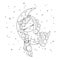 Cute unicorn princess sleeping with toy unicorn on crescent amongst stars. Coloring page for kids.