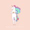 Cute unicorn with rainbow mane does yoga namaste.