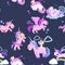 Cute unicorn seamless pattern, magic pegasus flying with wing and horn