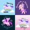 Cute unicorn set, magic pegasus flying with wing and horn on rainbow, fantasy horse vector illustration, myth