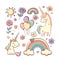 Cute unicorn set. Rainbow, beautiful magic animals, flowers, sun, air balloons. Vintage pastel collection for unicorns