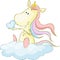 Cute Unicorn Sitting on Cloud, Holding Heart from Glouds - Vector Illustration