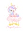 Cute unicorn sitting on cloud watercolor dreamy nursery Art illustration. Magical Unicorn