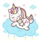 Cute unicorn sleep vector hug bunny rabbit pony cartoon on moon magic sleeping time for sweet dream. Kawaii animal illustrations