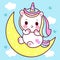 Cute unicorn sleep vector pony cartoon on moon with cloud magic sleeping time for sweet dream