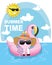 Cute unicorn swimming with flamingo balloon. summer time concept